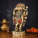 Brass Panch Mukhi Hanuman Statue 17.5" | Intricate Stonework | 12 kg Superfine Standing Idol | 8.5" Width, 4.5" Depth | Divine Presence for Spiritual Ambiance